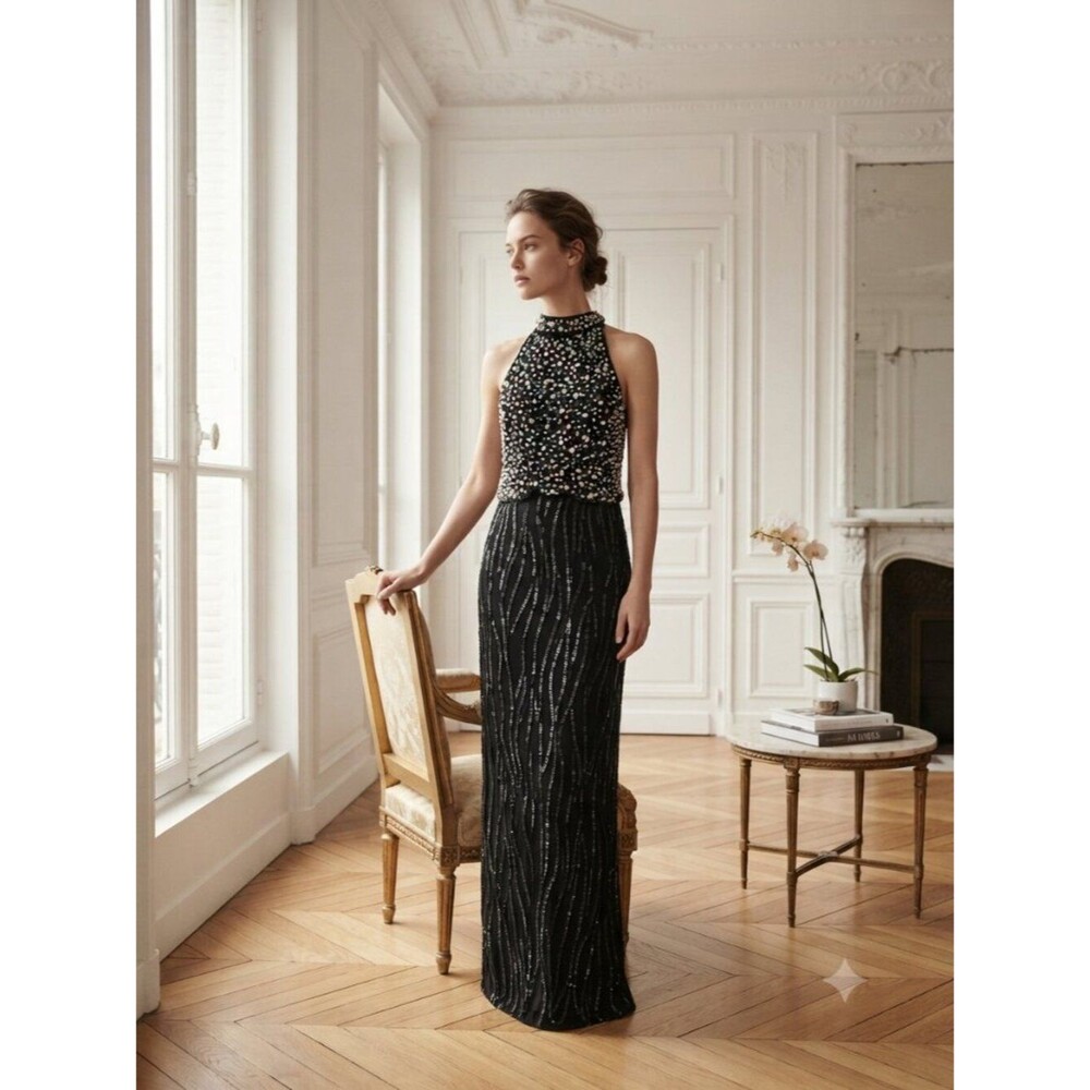 Vintage Night Vogue Black Beaded Silk Halter Evening Gown Size Medium